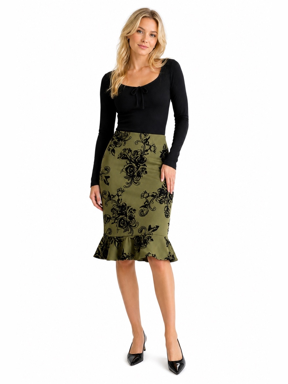 Y2K Vintage Velvet Rose Brocade Peplum Pencil Skirt (Olive/Black) Size Medium